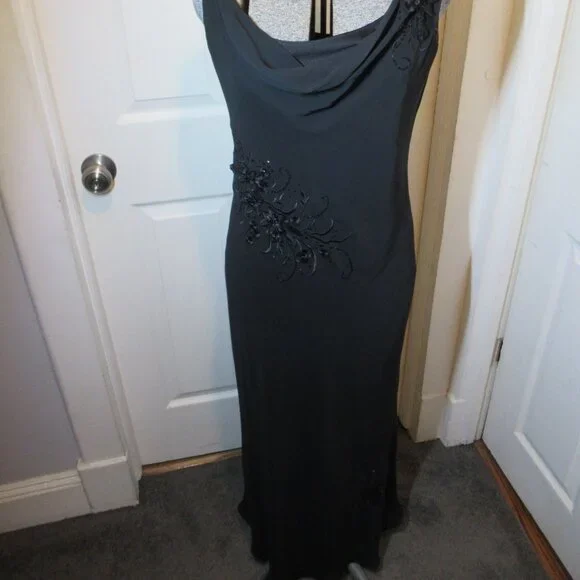 Adrianna Papell Black Chiffon Gown Floral Applique Beads EUC Whimsigoth Cowl - Picture 11 of 16